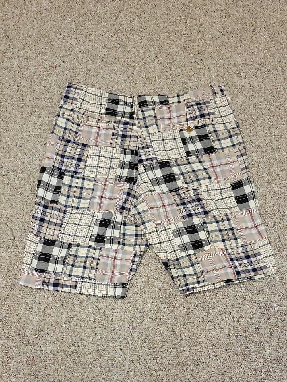 J. Crew Men's Patchwork Madras Plaid Field Shorts Beige Blue Black Sz 34 Preppy